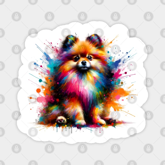 Vibrant Abstract Splashed Paint Pomeranian Dog Artwork Magnet by ArtRUs