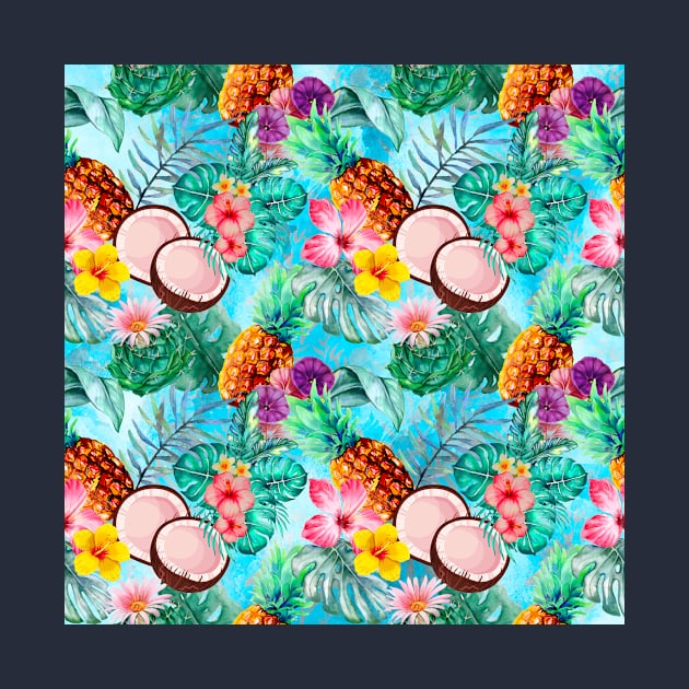 tropical pineapple exotic botanical illustration with floral tropical fruits, blue aqua fruit pattern over a by Zeinab taha