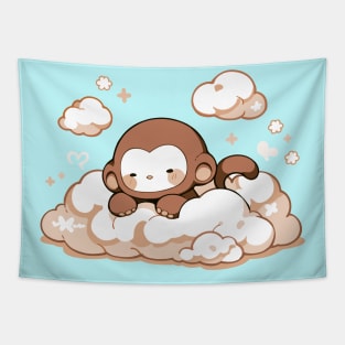 Sleepy Cute Monkey Baby In The Clouds Tapestry