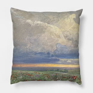 Red Wildflowers Over The Sunset Prairie Oil on Canvas Pillow