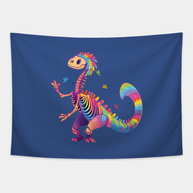 Dancing Skeleton Rainbow Dinosaur Tapestry by Lunatic Bear