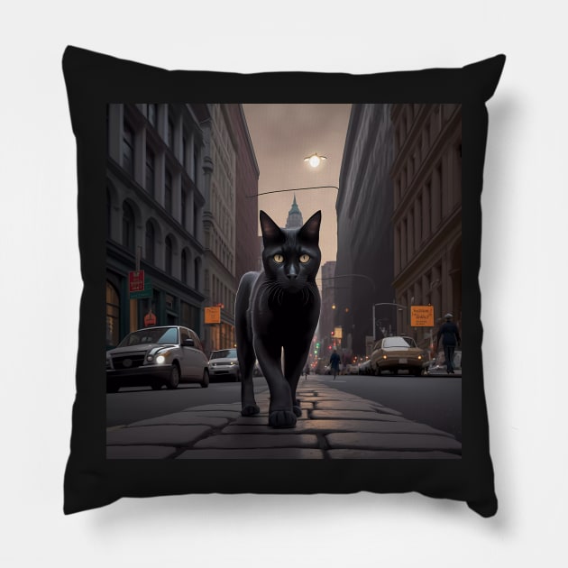 Digital art, Black Cat walking down a street in the city Sticker Pillow by MeatLuvers