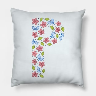 Floral Monogram Letter P - pink and blue Pillow