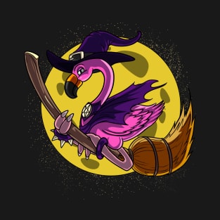 Flamingo Witch Riding Broom Halloween T-Shirt