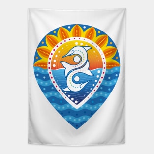 Pinpoint sunset sea and dolphins baroque design Tapestry