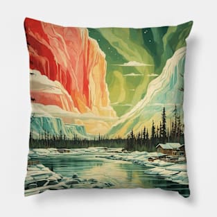 Yellowknife Canada Aurora Borealis Vintage Poster Tourism Art Pillow