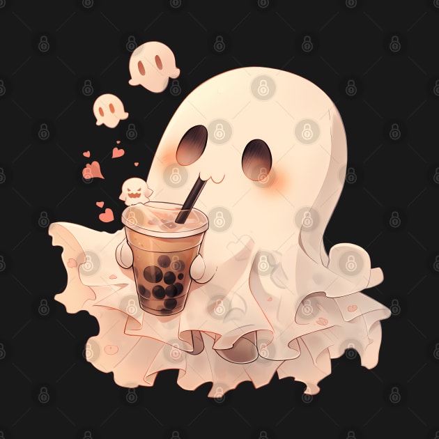 Spooky Sheet Ghost enjoying boba tea on Halloween by Lunatic Bear