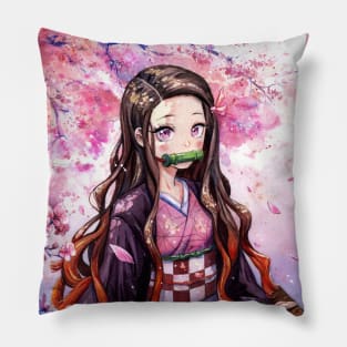 Watercolor Nezuko Under Sakura Tree- Demon Slayer Fanart Pillow