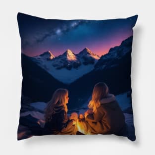 On a serene mountaintop two sisters sit on a blanket. Pillow