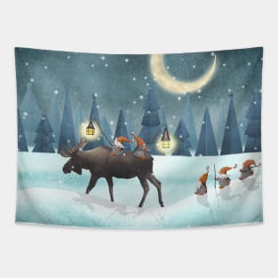 Scandinavian gnomes with moose watercolor illustration. Cute Christmas gnomes in snow forest. Winter fantasy moon night. Swedish Nordic funny gnomes Tapestry