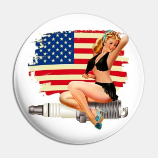 Sexy Pin Up Girl on Spark Plug - American Flag Pin