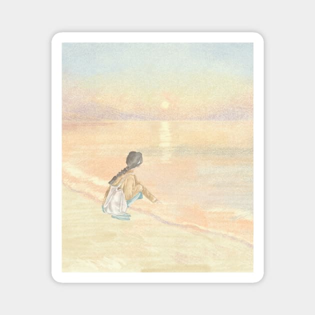 Girl on beach sunset Magnet by SkyisBright