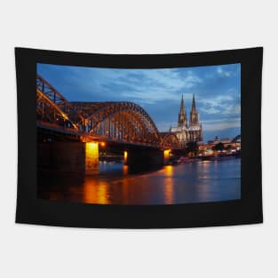 Cologne Cathedral, Dom, Hohenzollern Bridge, dusk, Cologne, Germany Tapestry