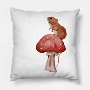 Cute Baby Mouse on Redcap Mushroom Watercolor Pillow