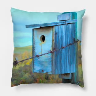 Birdhouse on the fence illustration. Pillow