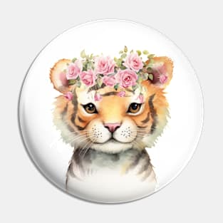 Baby Tiger With Pink Floral Crown Pin