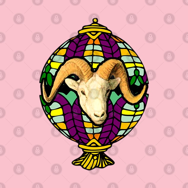 Goat head with horn in colorful lampshade by Marccelus