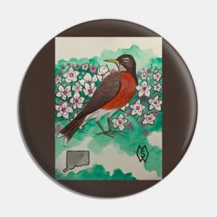 Connecticut state bird and flower, the robin and mountain laurel Pin