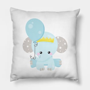 Cute Elephant, Elephant With Balloon, Crown, Stars Pillow