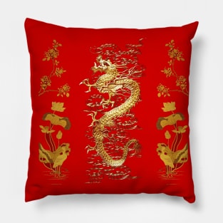 GOLD DRAGON IN RED,Egret,Lotus,Green Gold Floral Pillow