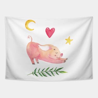 Yoga Piglet with Half Moon Heart and Star Tapestry