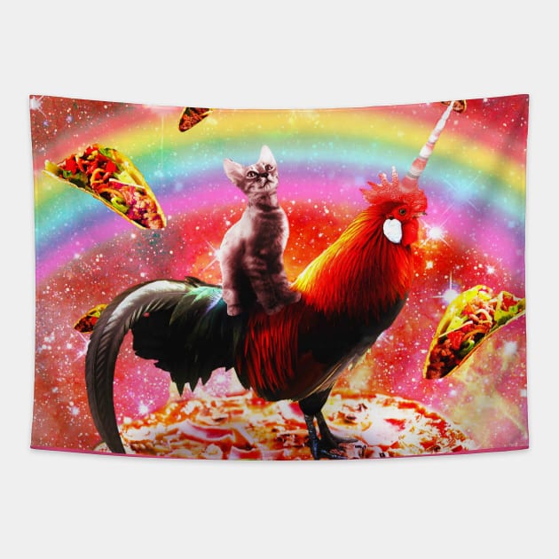 Cat Riding Unicorn Rooster on Pizza Tapestry by Random Galaxy