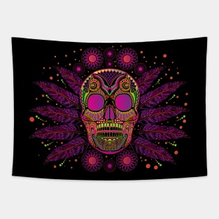 mexican sugar skull with feathers, bright neon colors Tapestry