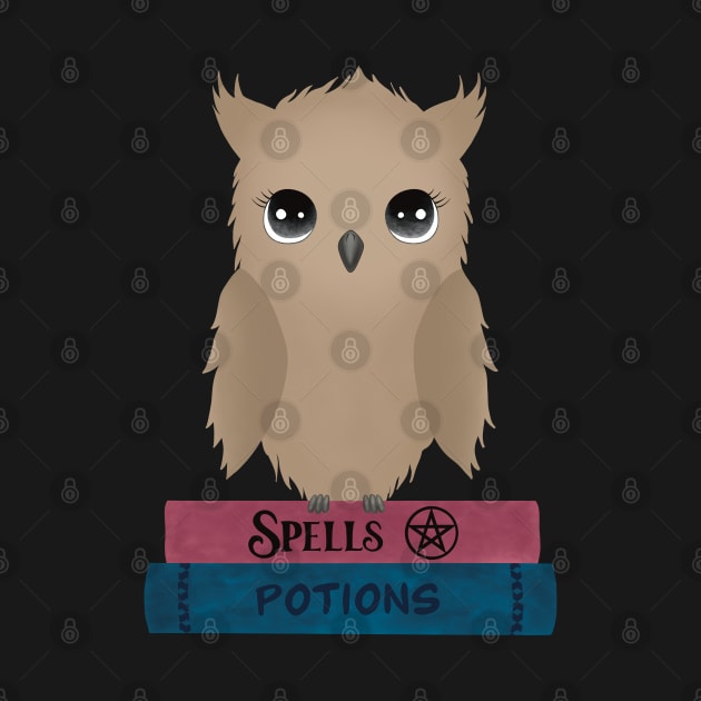 Cute Owl Sitting on Spells and Potions Magic Books by MadelaneWolf 