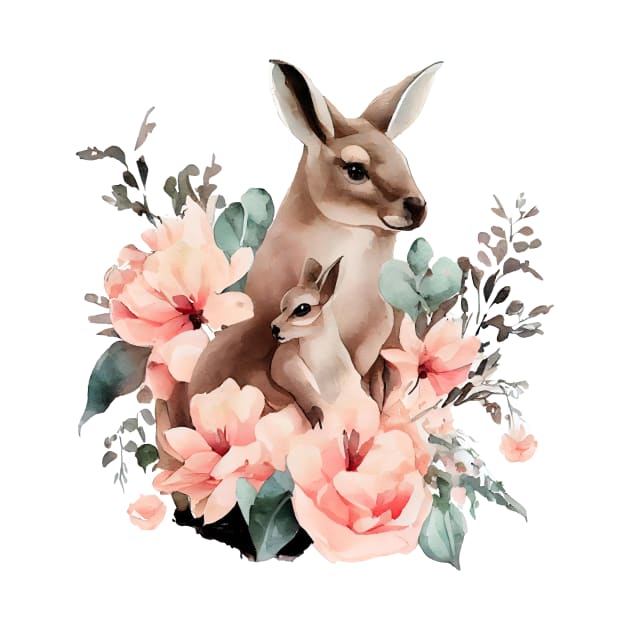 kangaroo with baby and flowers by DreamLoudArt