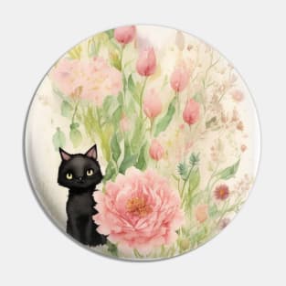 Black Kitty in Flower Garden Soft Pastel Colors Pin