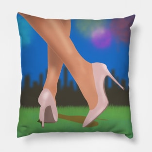 Pink High Heels, City View with fireworks background Pillow