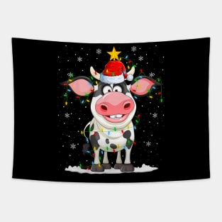 Cow Reindeer Santa Xmas Lights Cow Christmas Tapestry