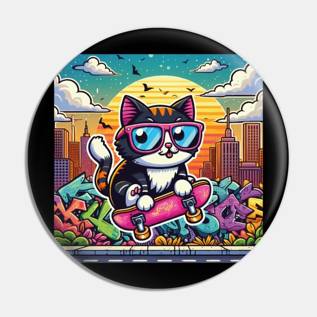 Cat Wearing Sunglasses Riding A Skateboard Pin by SARKAR3.0