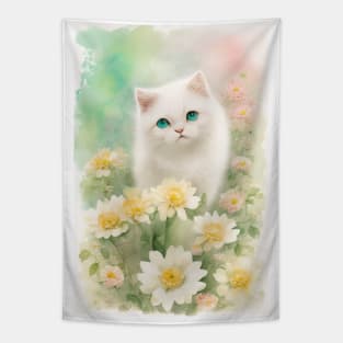 Happy White Cat in the Flower Garden Soft Pastel Colors Tapestry