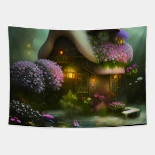 Sparkling Fantasy Cottage with Lights and Glitter Background in Forest, Scenery Nature Tapestry