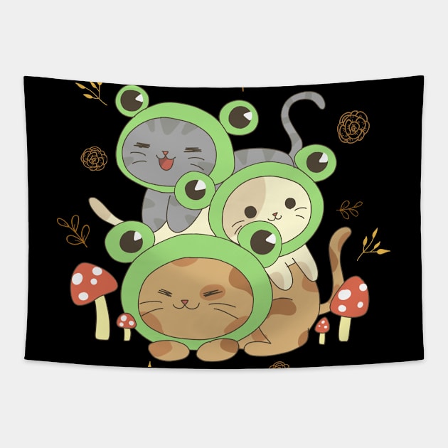 Cottagecore Aesthetic Kawaii Cat Pile In Frog Hat Tapestry by Alex21