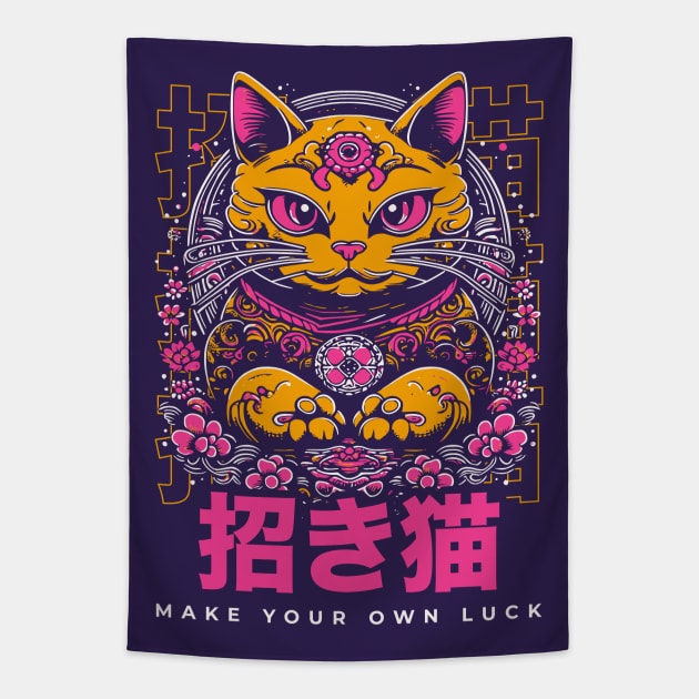 Make Your Own Luck // Vibrant Japanese Lucky Cat Illustration // Maneki Neko Tapestry by Now Boarding