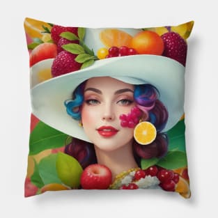 А woman with a white hat and some colorful fruity Pillow