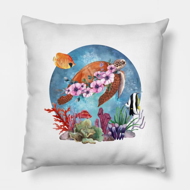 Sea Turtle Flowers Coral Reef Stickers (2) Pillow by candiscamera