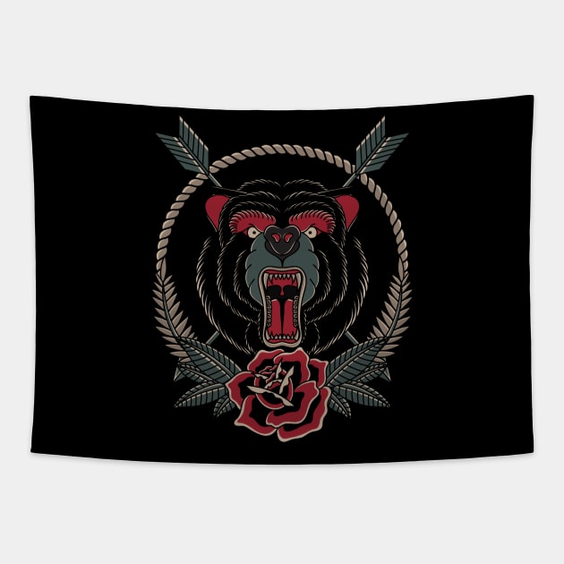 Roaring bear traditional tattoo style Tapestry by MEJIKU