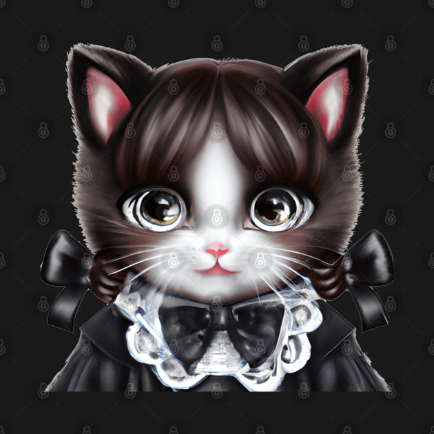 Cat with Black Anime eyes dressed as Wednesday Addams by Stevie26