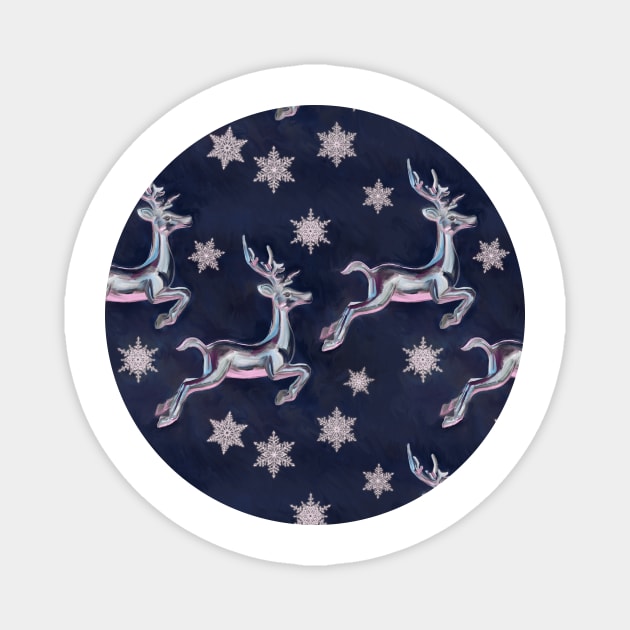 Silver Snowflakes & Happy Reindeer in Navy Blue & Pink Magnet by micklyn