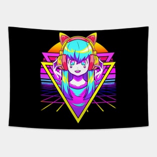 Vaporwave Anime Girl Otaku Sunset Geometric Grid Tapestry