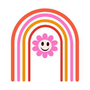 Pink Smiley Flower on Retro Rainbow T-Shirt