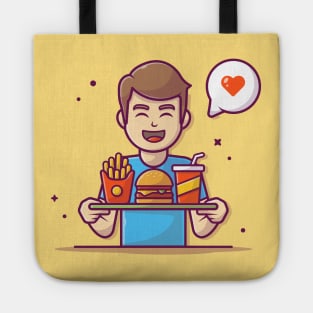 Man Bringing Tray With Burger, French Fries And Soft Drink Cartoon Tote