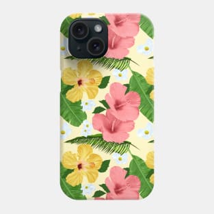 Tropical Hibiscus and Palm Fronds in Yellow Phone Case