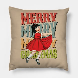 Retro Little Girl Merry Christmas Pillow