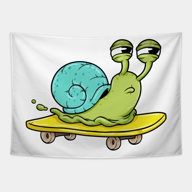 Snail with House as Skater with Skateboard Tapestry by Markus Schnabel