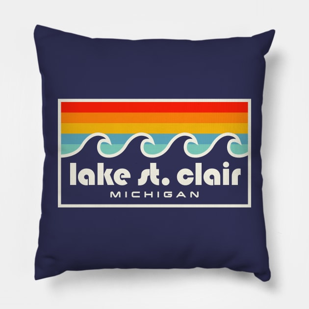 Lake St. Clair Fishing Michigan Retro Vintage Waves Pillow by PodDesignShop