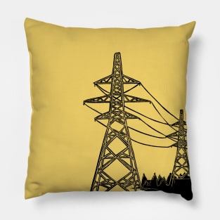 Electricity Pylons Linocut Silhouette on Mustard Yellow Pillow